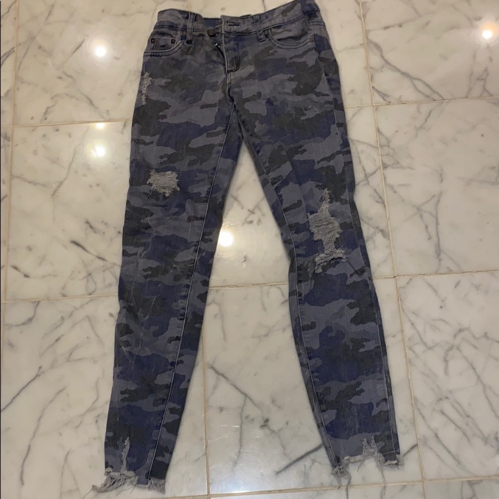 Distressed Camouflage Print Blue Tractr Jeans